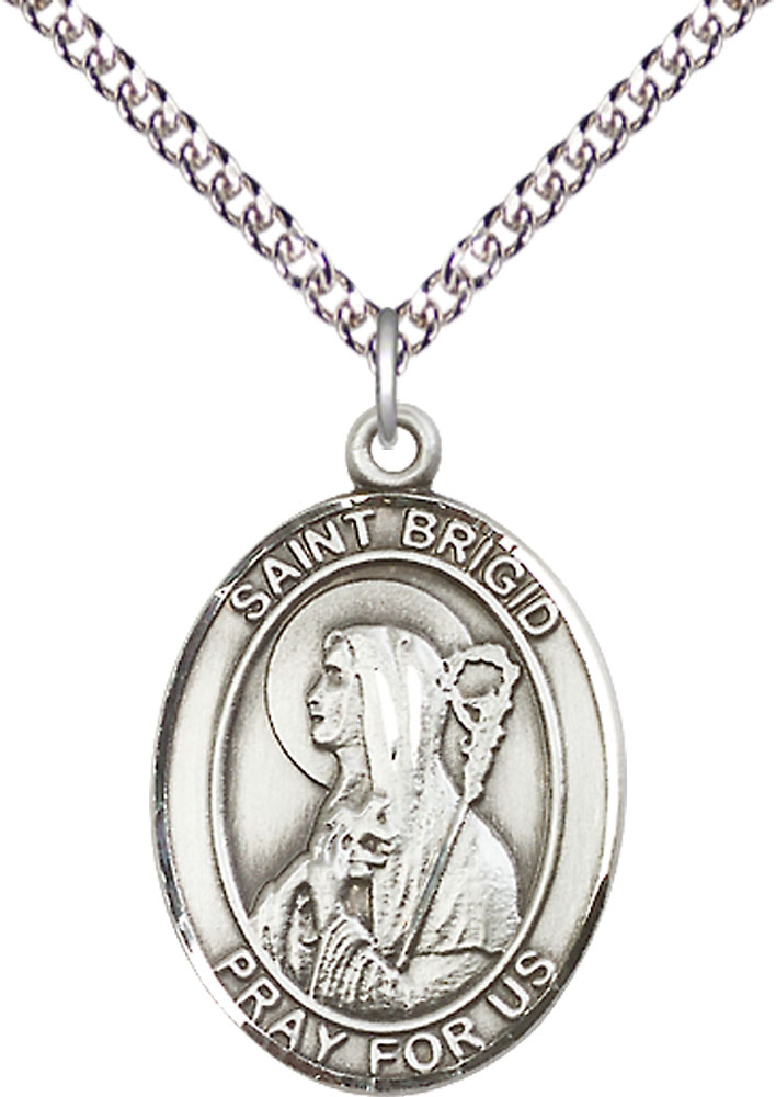 Sterling Silver Saint Brigid of Ireland Pendant on a 24 inch Sterling Silver Heavy Curb chain