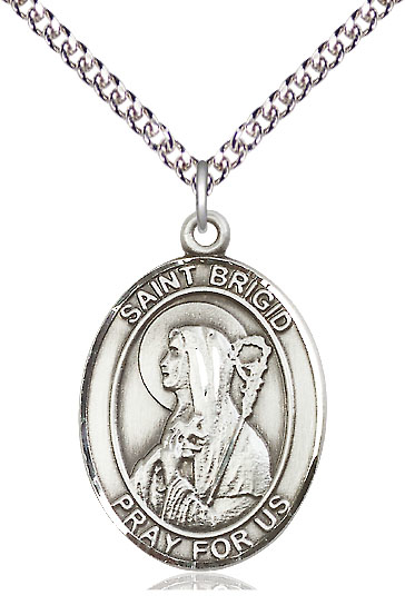 Sterling Silver Saint Brigid of Ireland Pendant on a 24 inch Sterling Silver Heavy Curb chain