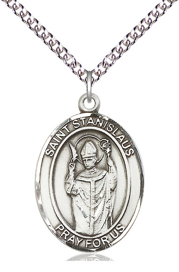 Sterling Silver Saint Stanislaus Pendant on a 24 inch Sterling Silver Heavy Curb chain