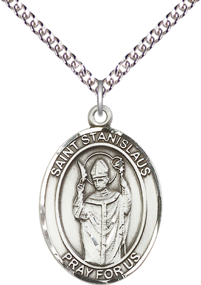 Sterling Silver Saint Stanislaus Pendant on a 24 inch Sterling Silver Heavy Curb chain