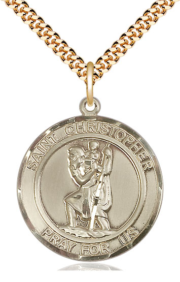 14kt Gold Filled Saint Christopher Pendant on a 24 inch Gold Plate Heavy Curb chain