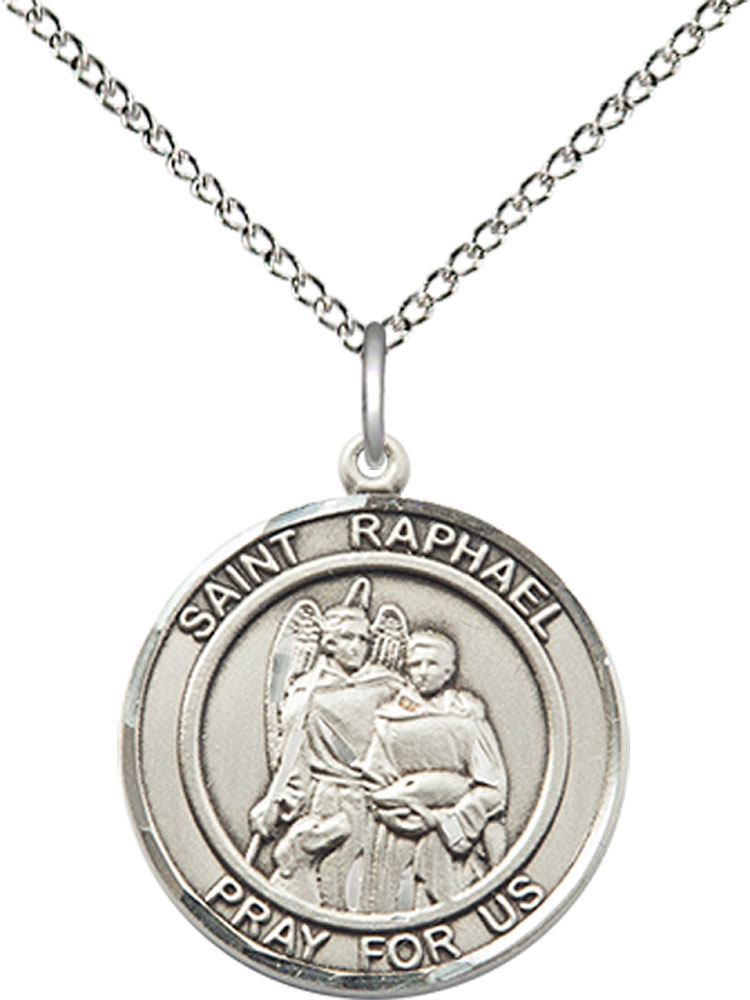 Sterling Silver Saint Raphael the Archangel Pendant on a 18 inch Sterling Silver Light Curb chain