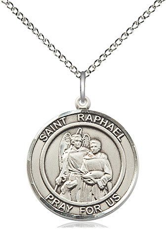 Sterling Silver Saint Raphael the Archangel Pendant on a 18 inch Sterling Silver Light Curb chain