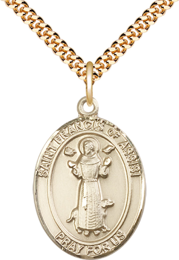 14kt Gold Filled Saint Francis of Assisi Pendant on a 24 inch Gold Plate Heavy Curb chain