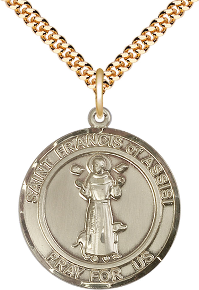 14kt Gold Filled Saint Francis of Assisi Pendant on a 24 inch Gold Plate Heavy Curb chain