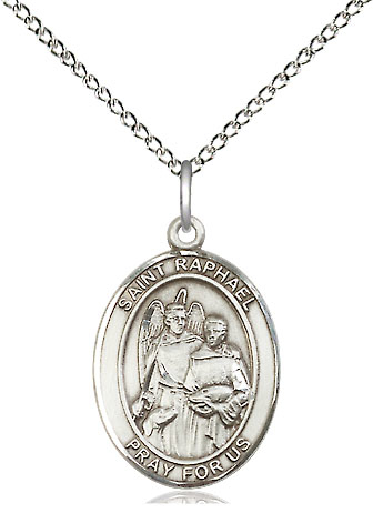 Sterling Silver Saint Raphael the Archangel Pendant on a 18 inch Sterling Silver Light Curb chain