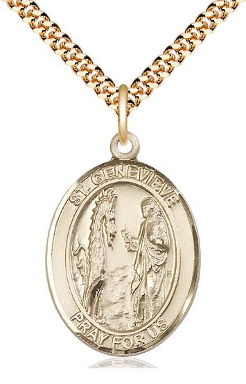 14kt Gold Filled Saint Genevieve Pendant on a 24 inch Gold Plate Heavy Curb chain