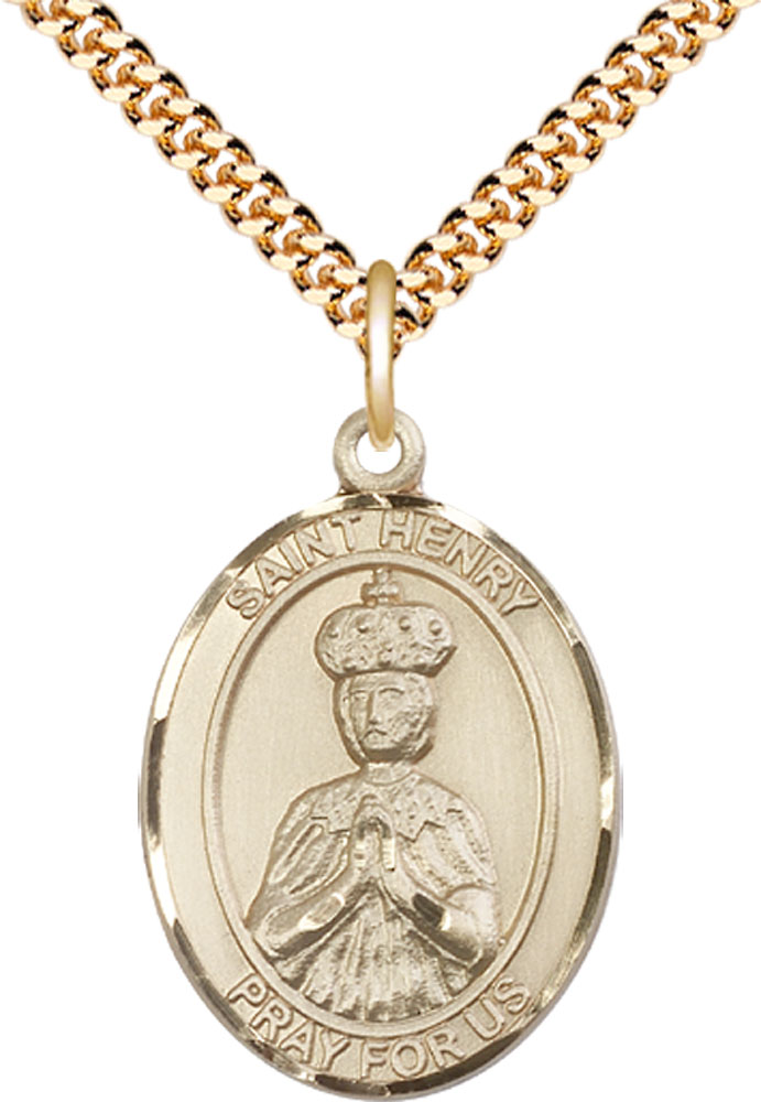 14kt Gold Filled Saint Henry II Pendant on a 24 inch Gold Plate Heavy Curb chain