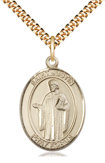 14kt Gold Filled Saint Justin Pendant on a 24 inch Gold Plate Heavy Curb chain