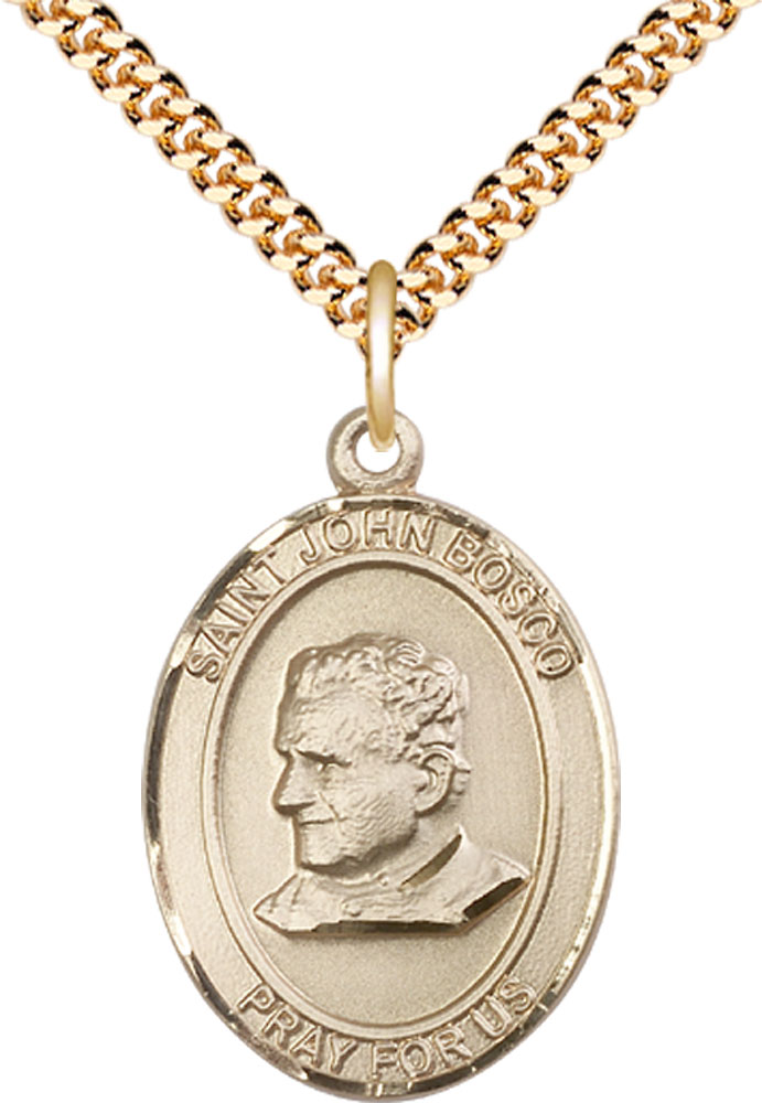 14kt Gold Filled Saint John Bosco Pendant on a 24 inch Gold Plate Heavy Curb chain