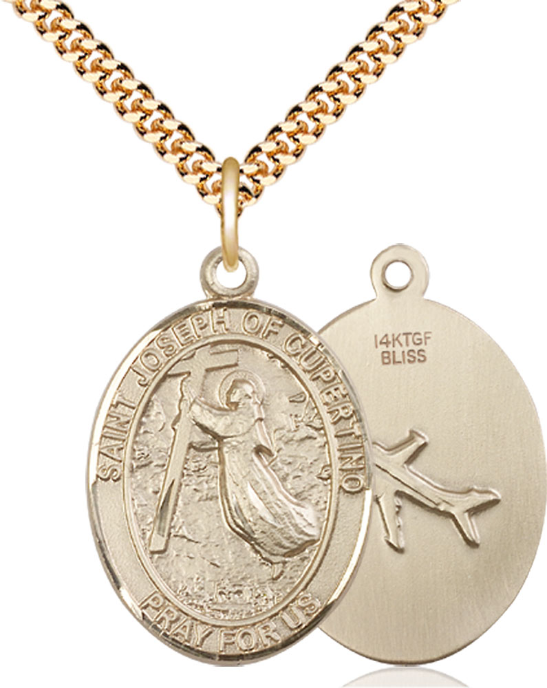 14kt Gold Filled Saint Joseph of Cupertino Pendant on a 24 inch Gold Plate Heavy Curb chain