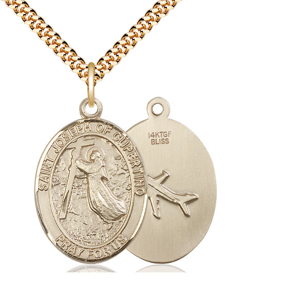 14kt Gold Filled Saint Joseph of Cupertino Pendant on a 24 inch Gold Plate Heavy Curb chain