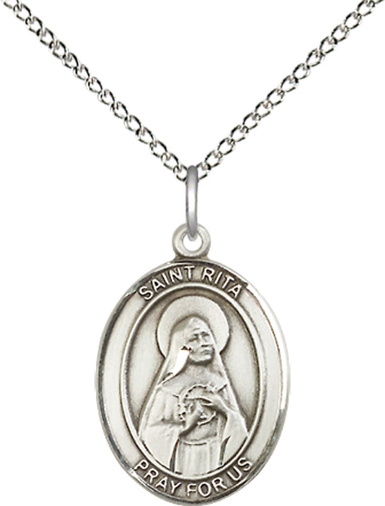 Sterling Silver Saint Rita of Cascia Pendant on a 18 inch Sterling Silver Light Curb chain