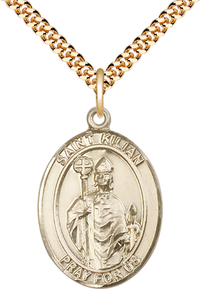 14kt Gold Filled Saint Kilian Pendant on a 24 inch Gold Plate Heavy Curb chain