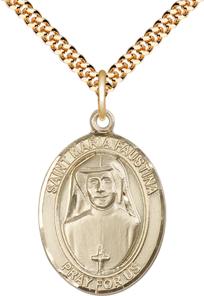 14kt Gold Filled Saint Maria Faustina Pendant on a 24 inch Gold Plate Heavy Curb chain