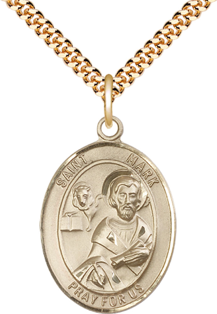 14kt Gold Filled Saint Mark the Evangelist Pendant on a 24 inch Gold Plate Heavy Curb chain
