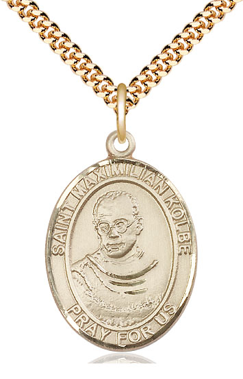 14kt Gold Filled Saint Maximilian Kolbe Pendant on a 24 inch Gold Plate Heavy Curb chain