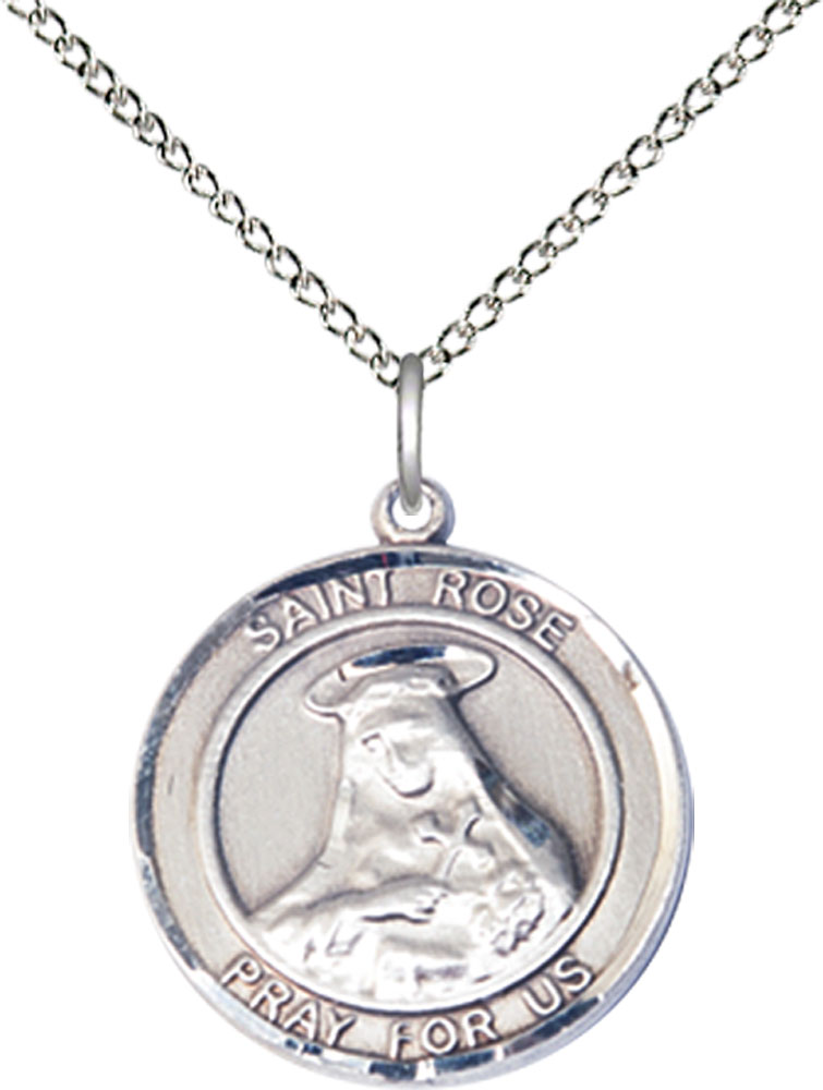 Sterling Silver Saint Rose of Lima Pendant on a 18 inch Sterling Silver Light Curb chain