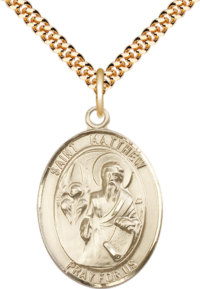 14kt Gold Filled Saint Matthew the Apostle Pendant on a 24 inch Gold Plate Heavy Curb chain