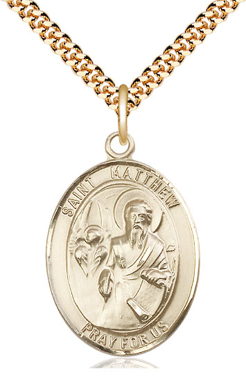 14kt Gold Filled Saint Matthew the Apostle Pendant on a 24 inch Gold Plate Heavy Curb chain