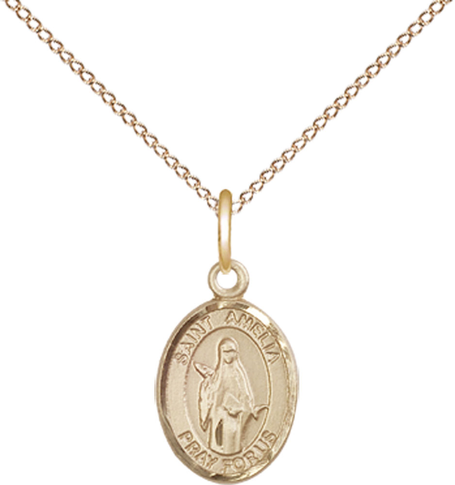 14kt Gold Filled Saint Amelia Pendant on a 18 inch Gold Filled Light Curb chain