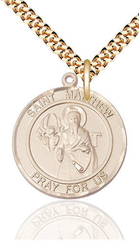 14kt Gold Filled Saint Matthew the Apostle Pendant on a 24 inch Gold Plate Heavy Curb chain