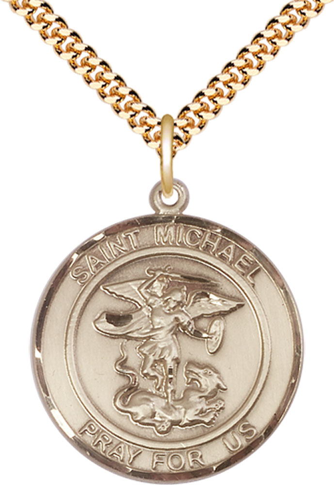 14kt Gold Filled Saint Michael the Archangel Pendant on a 24 inch Gold Plate Heavy Curb chain