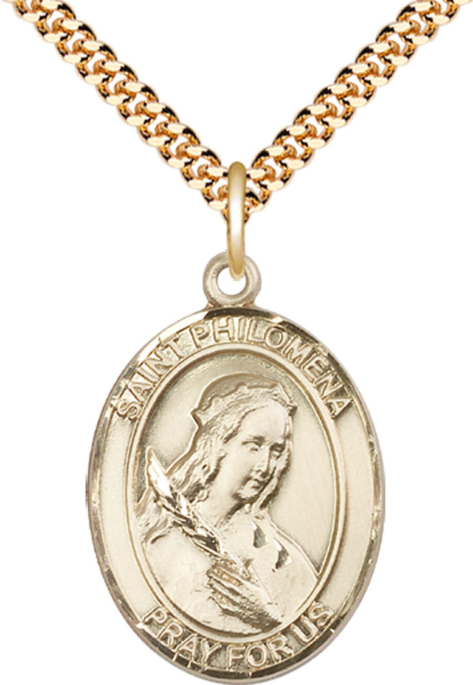 14kt Gold Filled Saint Philomena Pendant on a 24 inch Gold Plate Heavy Curb chain