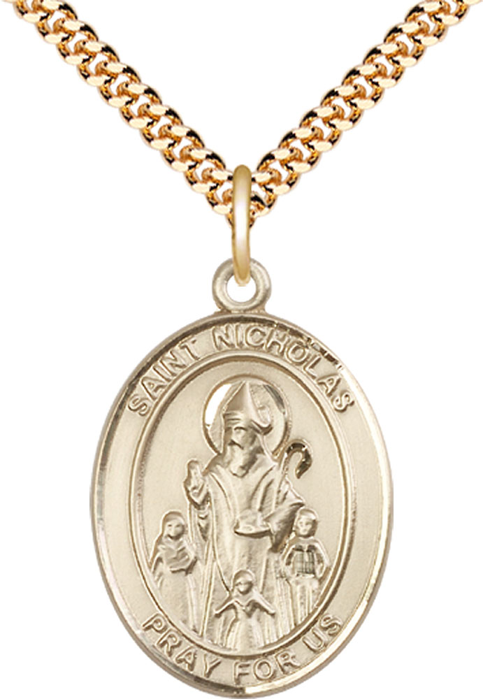 14kt Gold Filled Saint Nicholas Pendant on a 24 inch Gold Plate Heavy Curb chain