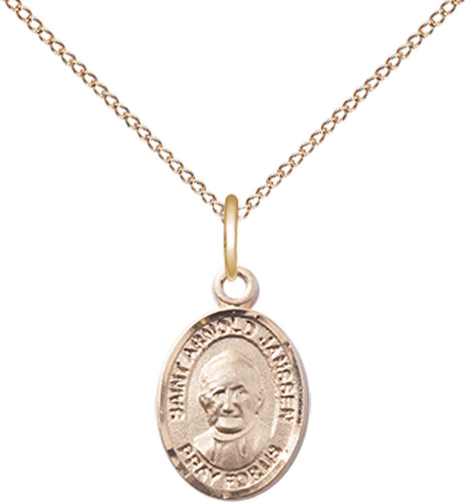 14kt Gold Filled Saint Arnold Janssen Pendant on a 18 inch Gold Filled Light Curb chain