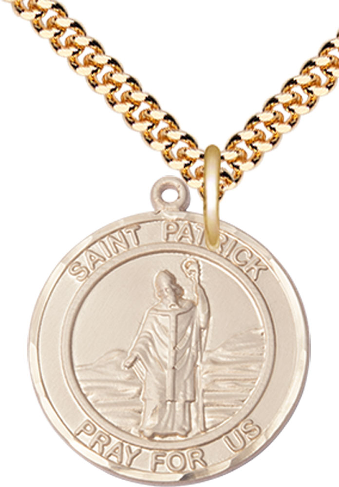 14kt Gold Filled Saint Patrick Pendant on a 24 inch Gold Plate Heavy Curb chain