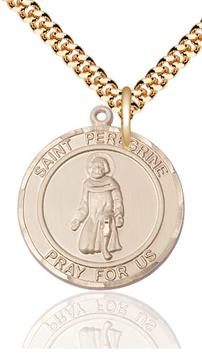 14kt Gold Filled Saint Peregrine Pendant on a 24 inch Gold Plate Heavy Curb chain