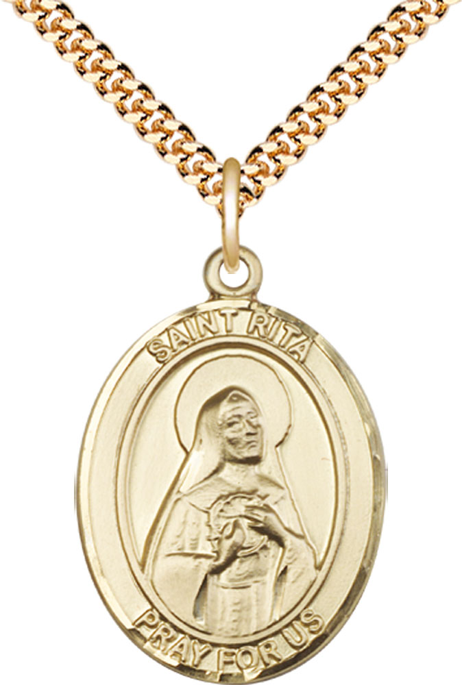 14kt Gold Filled Saint Rita of Cascia Pendant on a 24 inch Gold Plate Heavy Curb chain