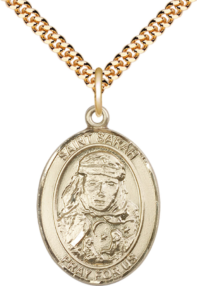 14kt Gold Filled Saint Sarah Pendant on a 24 inch Gold Plate Heavy Curb chain