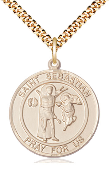 14kt Gold Filled Saint Sebastian Pendant on a 24 inch Gold Plate Heavy Curb chain