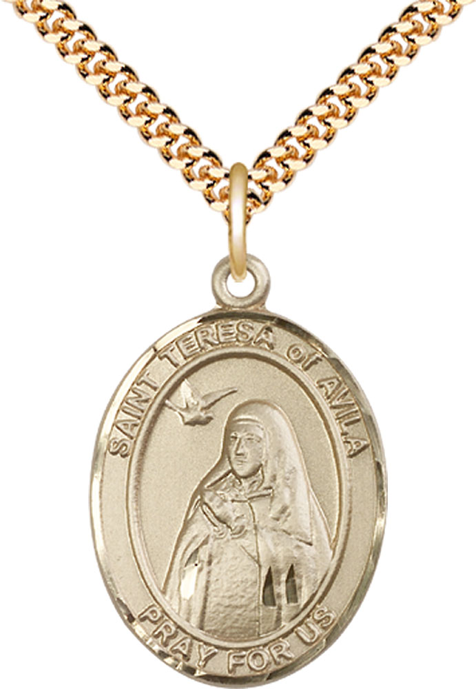 14kt Gold Filled Saint Teresa of Avila Pendant on a 24 inch Gold Plate Heavy Curb chain
