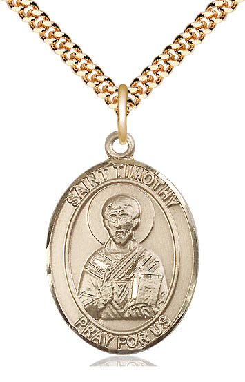 14kt Gold Filled Saint Timothy Pendant on a 24 inch Gold Plate Heavy Curb chain