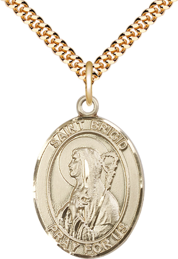 14kt Gold Filled Saint Brigid of Ireland Pendant on a 24 inch Gold Plate Heavy Curb chain
