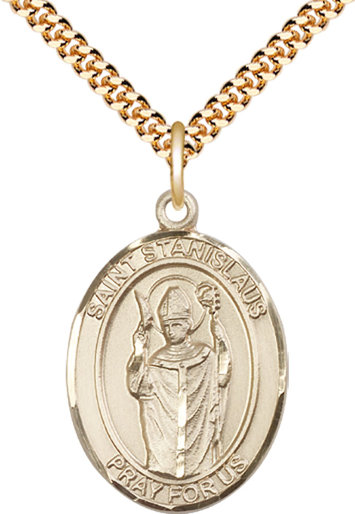 14kt Gold Filled Saint Stanislaus Pendant on a 24 inch Gold Plate Heavy Curb chain
