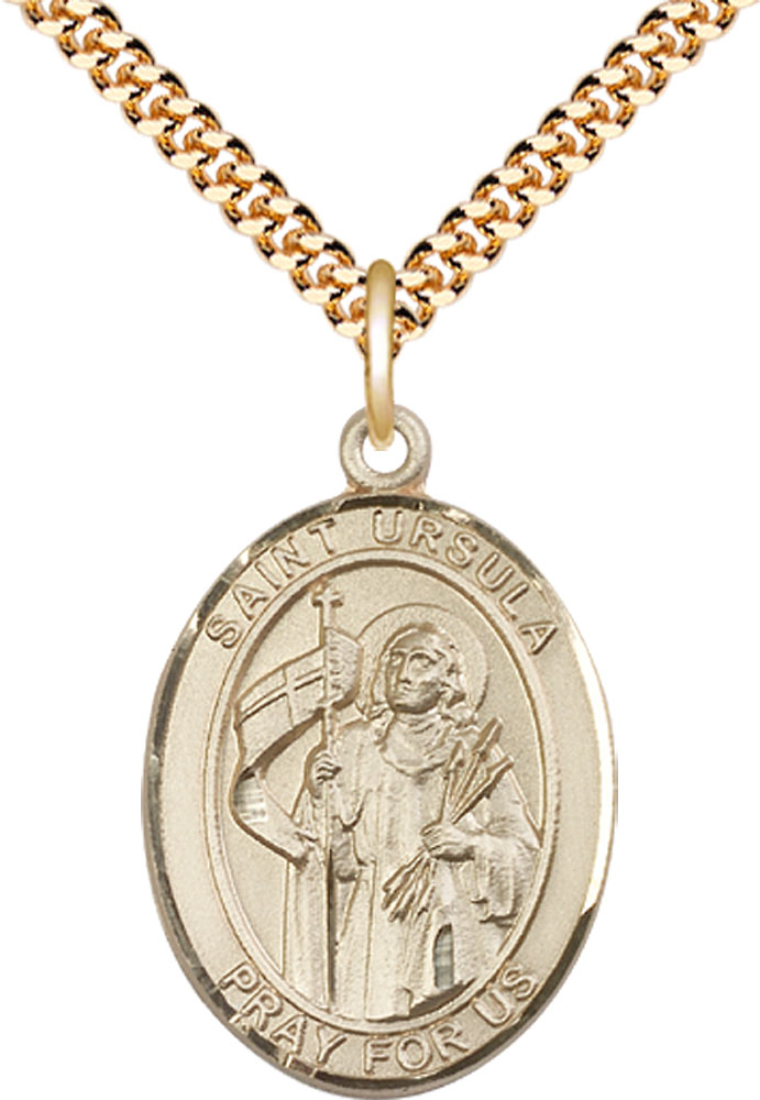 14kt Gold Filled Saint Ursula Pendant on a 24 inch Gold Plate Heavy Curb chain