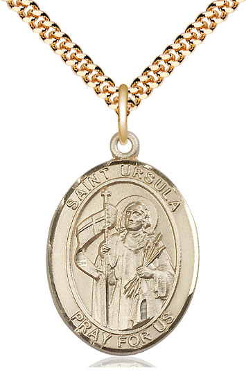 14kt Gold Filled Saint Ursula Pendant on a 24 inch Gold Plate Heavy Curb chain