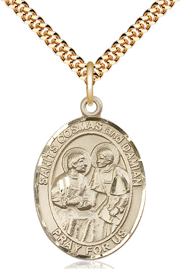 14kt Gold Filled Saints Cosmas &amp; Damian Pendant on a 24 inch Gold Plate Heavy Curb chain