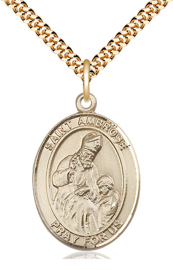 14kt Gold Filled Saint Ambrose Pendant on a 24 inch Gold Plate Heavy Curb chain