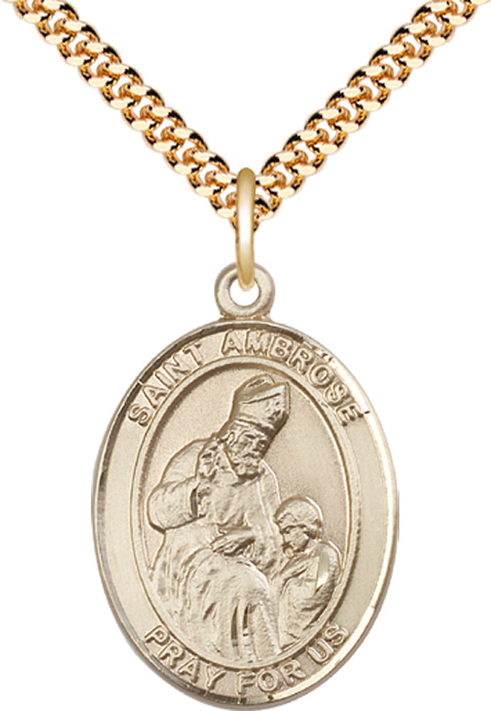 14kt Gold Filled Saint Ambrose Pendant on a 24 inch Gold Plate Heavy Curb chain