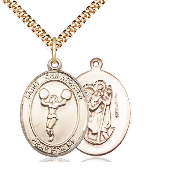 14kt Gold Filled Saint Christopher Cheerleading Pendant on a 24 inch Gold Plate Heavy Curb chain