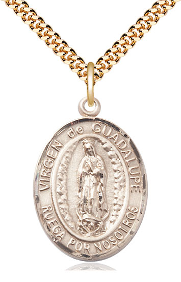 14kt Gold Filled Virgen de Guadalupe Pendant on a 24 inch Gold Plate Heavy Curb chain