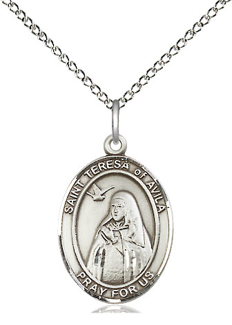 Sterling Silver Saint Teresa of Avila Pendant on a 18 inch Sterling Silver Light Curb chain