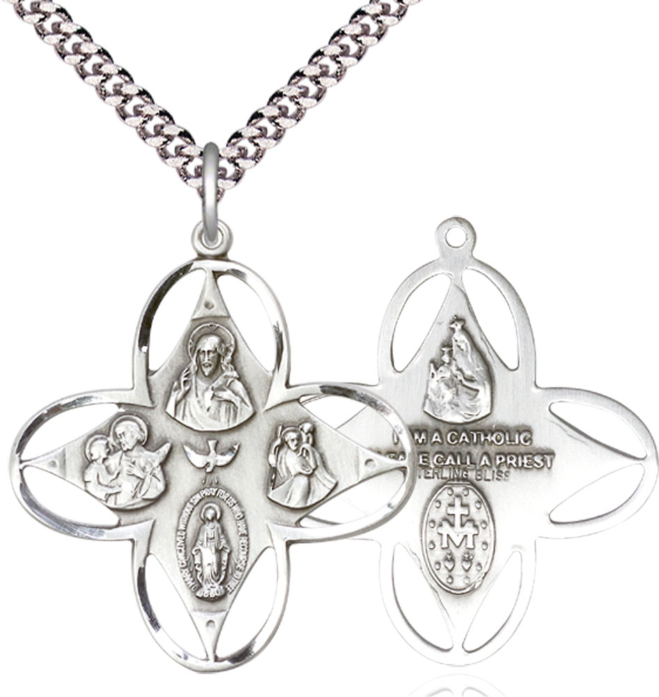 Sterling Silver 4-Way Pendant on a 24 inch Light Rhodium Heavy Curb chain