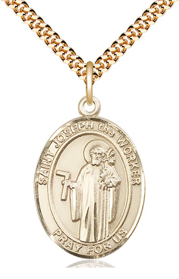 14kt Gold Filled Saint Joseph the Worker Pendant on a 24 inch Gold Plate Heavy Curb chain