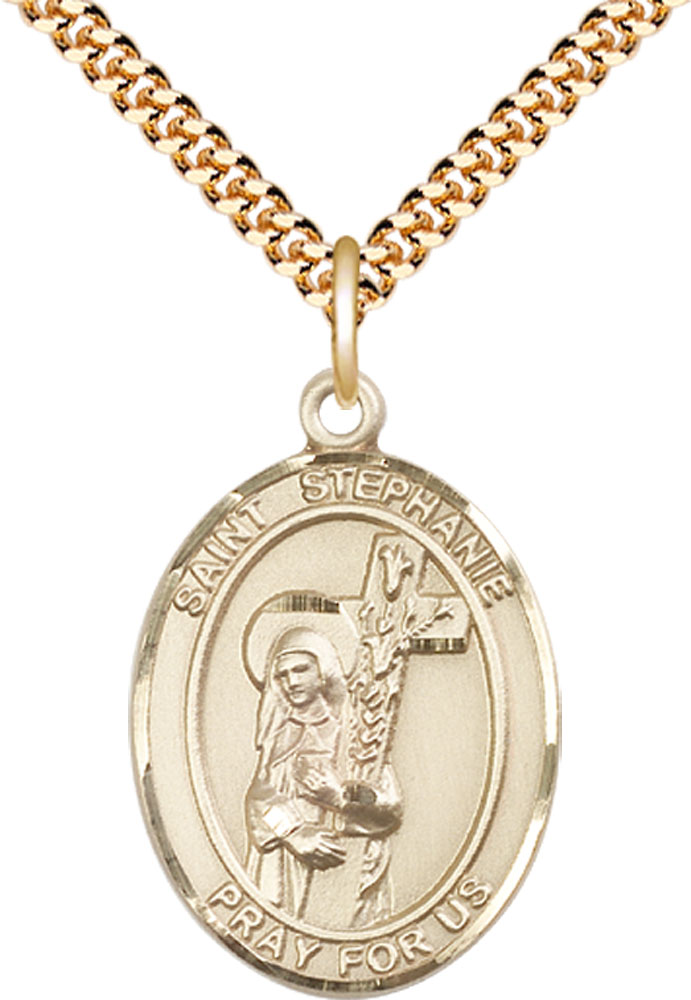14kt Gold Filled Saint Stephanie Pendant on a 24 inch Gold Plate Heavy Curb chain